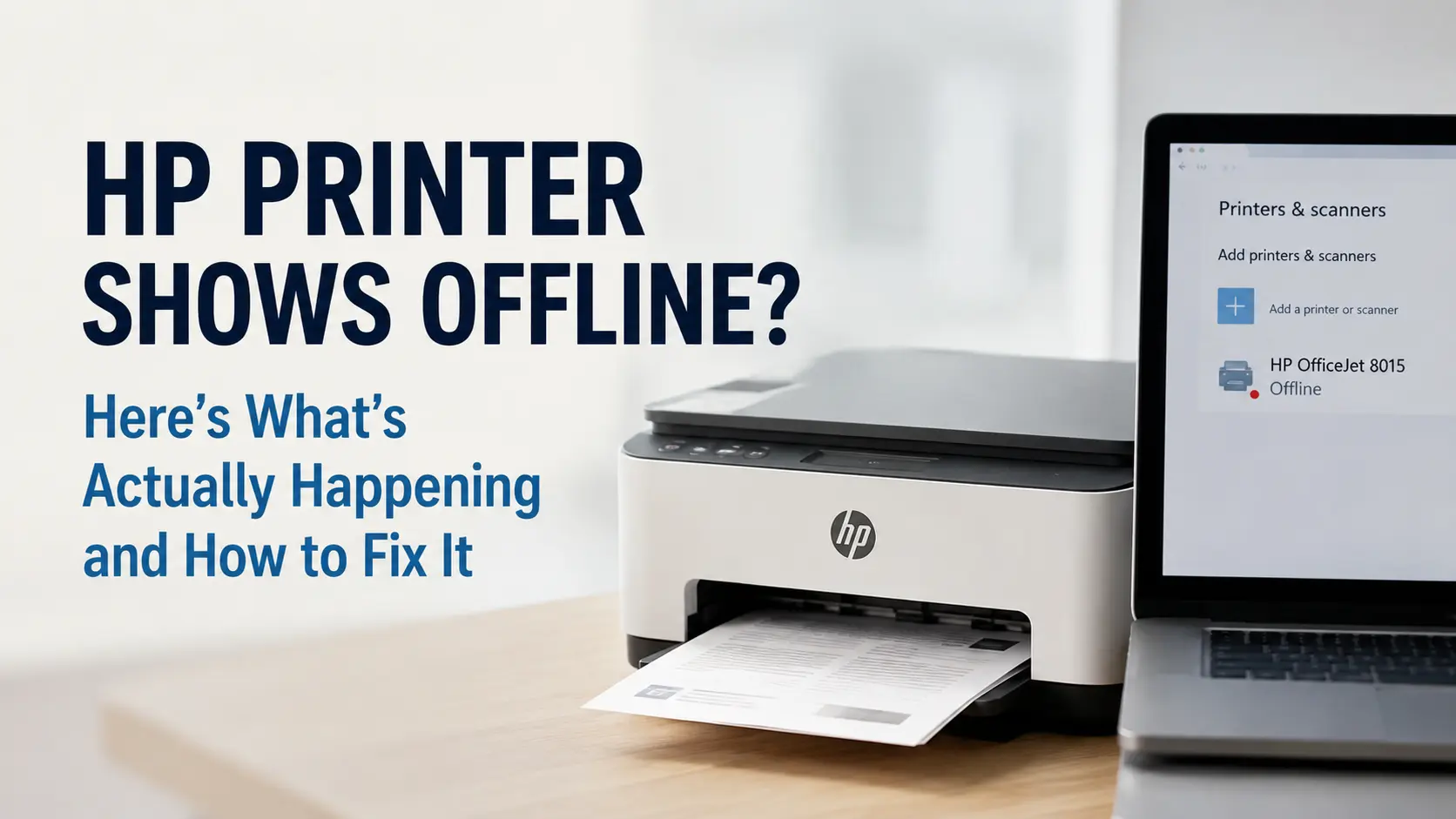 HP printer showing an offline status error message on a Windows 11 computer screen