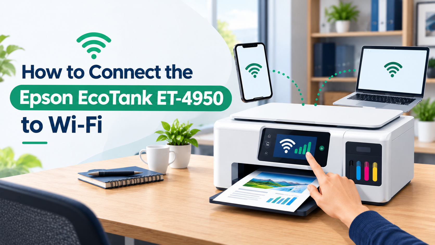 Finger tapping the Wi-Fi icon on the Epson ET-4950 touchscreen
