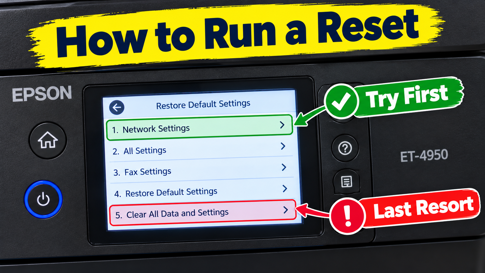 Epson ET-4950 Restore Default Settings menu showing the reset options