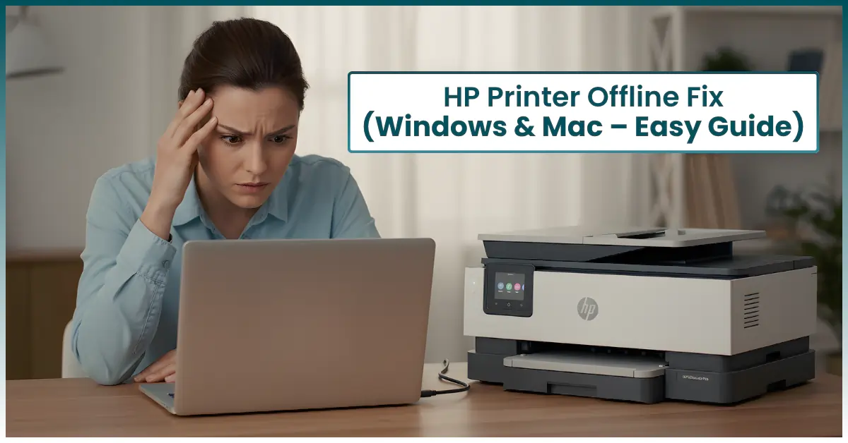 HP printer showing an offline status error message on a Windows 11 computer screen