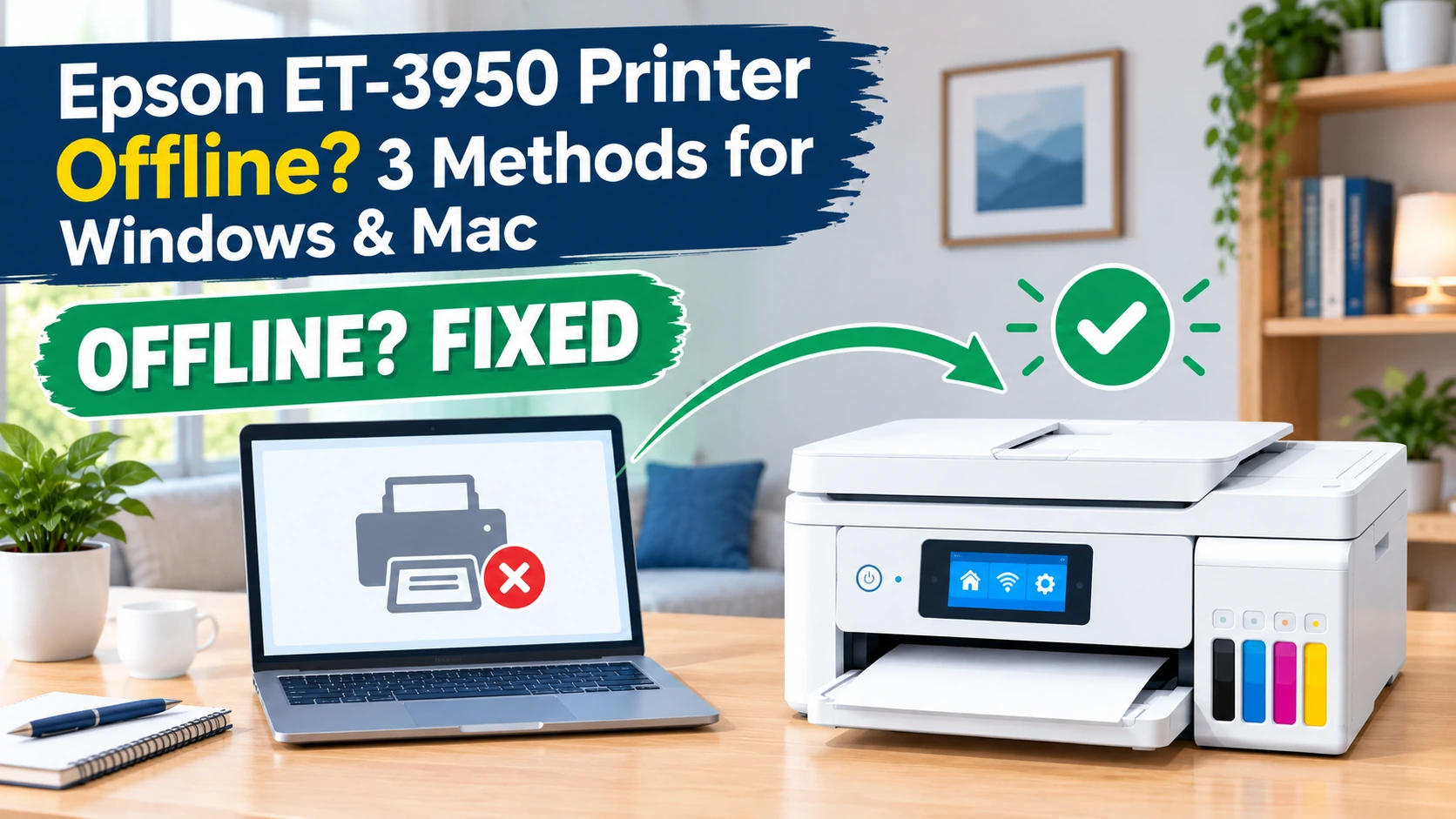 Laptop showing an Epson ET-3950 printer as offline next to the printer