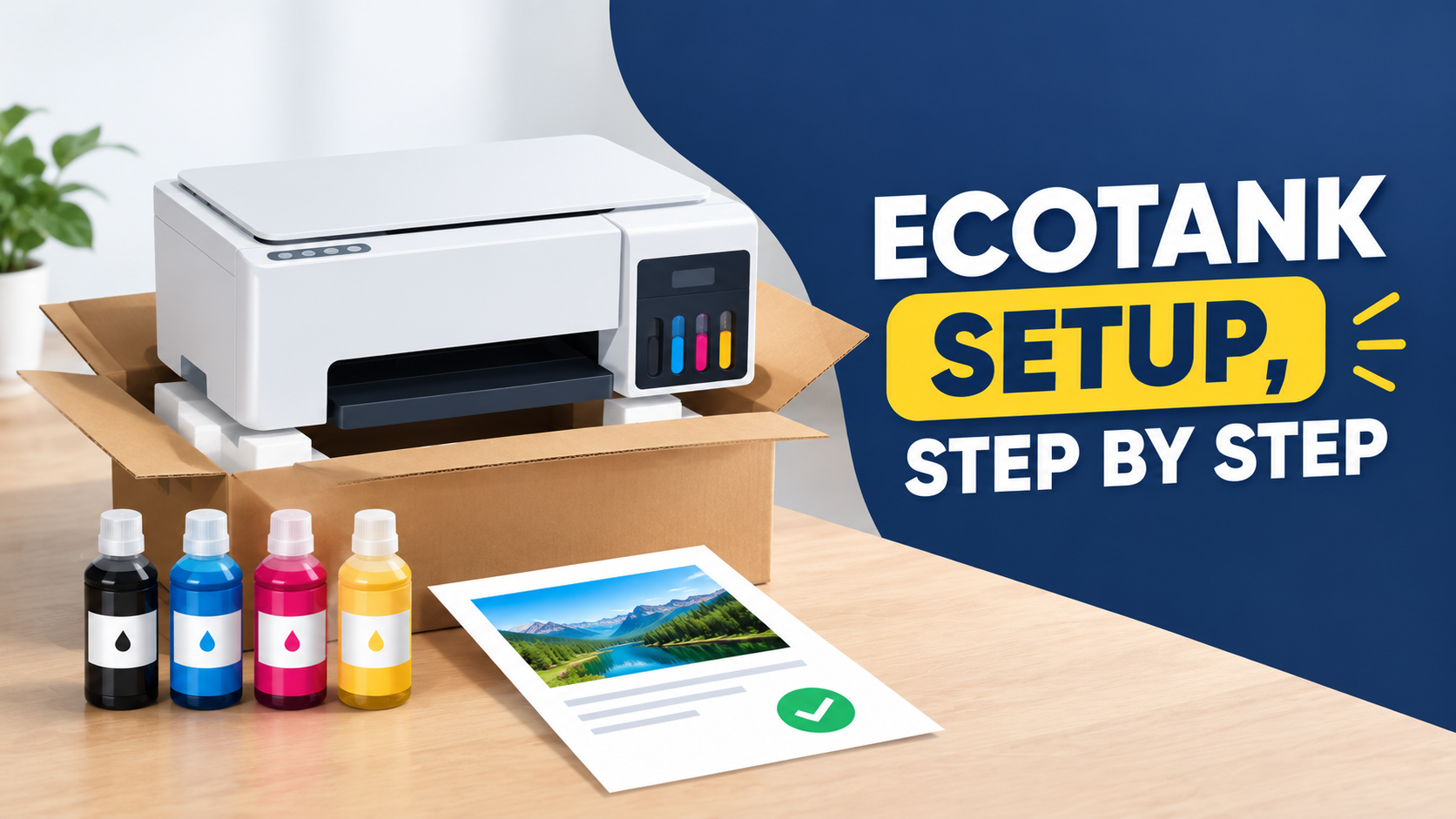 New Epson EcoTank printer unboxed with four ink bottles ready for setup